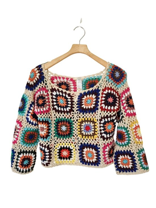 P.O.V. (Point Of View) Sweaters - Colorful Crochet Granny Square Sweater Summer Beach Festival Boho Hippie Cropped